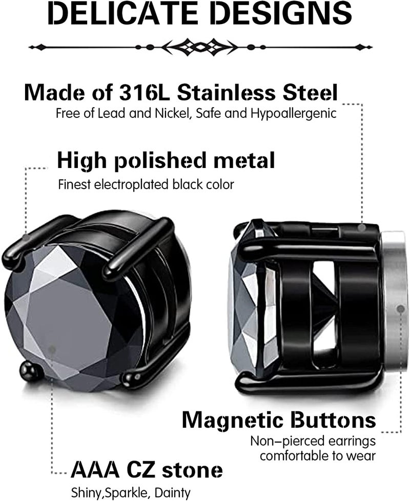 SIISPRI YZstyle 2 Pairs Stainless Steel Magnetic Stud Earrings for Men Women Non-piercing CZ Clip on CZ Earrings Hypoallergenic(Black + Silver)6MM-8MM (6MMBlack + Silver) - Image 2